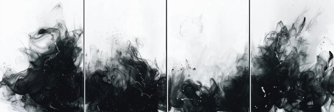 A quadriptych featuring dark, swirling liquid art against a white background, creating abstract forms