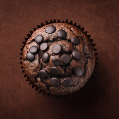 Chip chocolate muffin on a rustic background