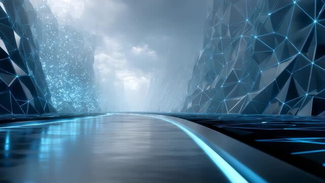 A sleek, illuminated road winds through a digital mountain range composed of geometric shapes and blue lights. The scene suggests a high tech, futuristic, and immersive virtual reality setting