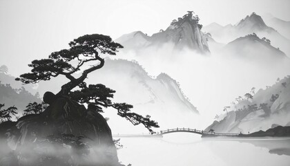 水墨画 悠久 孤高 静寂 霧 峻険 伝統 禅 忍耐 神秘 幽玄 仙境 息吹 境界 浄化 雄大 余白 東洋 均衡 永劫