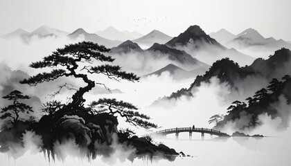 水墨画 悠久 孤高 静寂 霧 峻険 伝統 禅 忍耐 神秘 幽玄 仙境 息吹 境界 浄化 雄大 余白 東洋 均衡 永劫