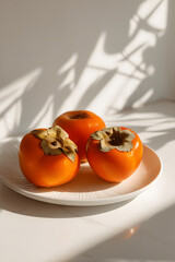 Fresh orange persimmons on a white plate with elegant leaf shadows