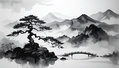 水墨画 悠久 孤高 静寂 霧 峻険 伝統 禅 忍耐 神秘 幽玄 仙境 息吹 境界 浄化 雄大 余白 東洋 均衡 永劫
