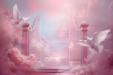Dreamy pink heaven gates in the clouds with white doves flying