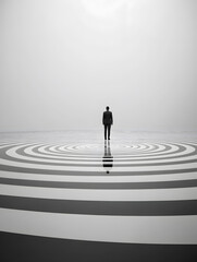 Abstract minimalist illustration of a businessman standing in center of concentric circles