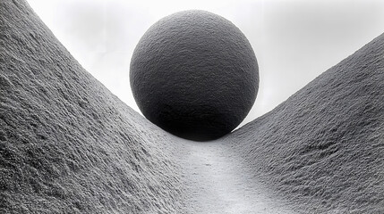 Abstract black and white conceptual art of a giant sphere in a valley