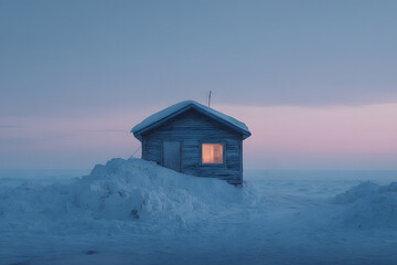 Lonely wooden cabin in deep snow at twilight winter landscape