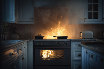 Illustration of a burning kitchen
