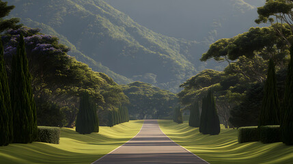 Scenic Asphalt Road Leading Through Lush Green Trees and Mountains