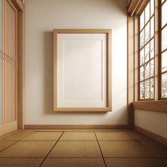 Vertical Wooden Poster Frame Mockup in Traditional Japanese Tatami Room