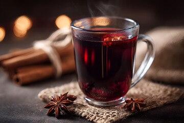Warm spiced beverage with cinnamon and fruit served in glass during cozy evening gathering
