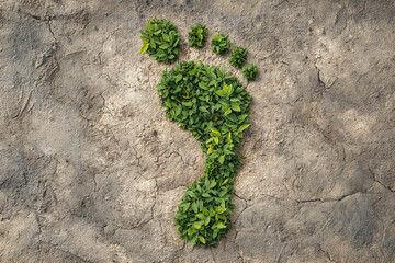 Ecological Green Plant Footprint on Dry Cracked Earth Concept
