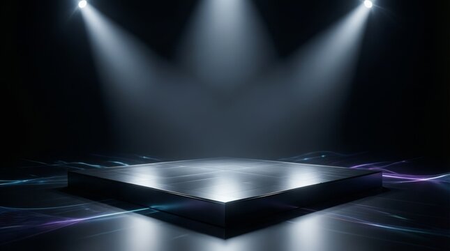 Futuristic stage with spotlights and glowing platform