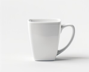 Fototapeta premium A sleek, modern, pristine, white, square-shaped coffee mug, handle attached, placed on a plain background