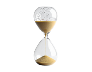 Hourglass with sand turning into data particles, time and future concept, white background.