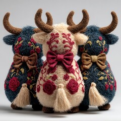 Fluffy highland cows with bows and floral patterns sit together against a white background