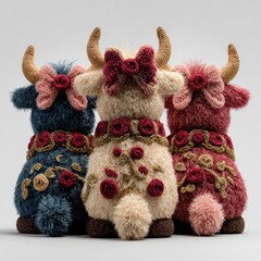 Three fluffy highland cows with bows and floral patterns create a fun and vibrant crochet design