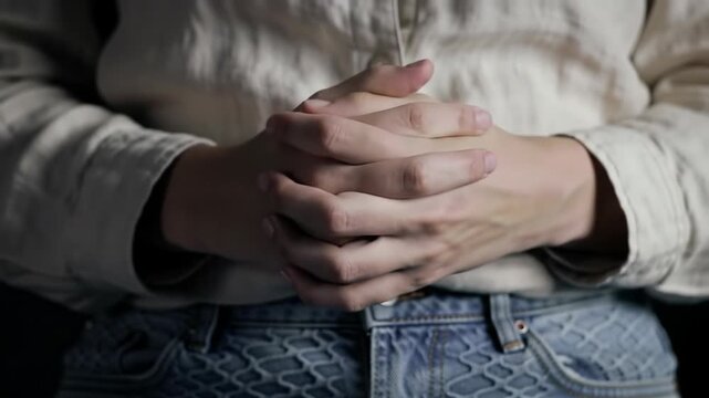 Extreme close-up video of clasped hands in a light shirt and blue denim, nervously fidgeting against a blurred black background with dramatic lighting, conveying deep internal tension. Psychological