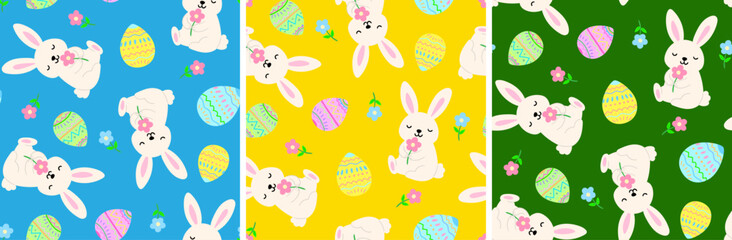 easter seamless pattern set with cute white rabbits colorful painted eggs and spring flowers on vibrant backgrounds