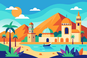 Eastern palace.Tourist resorts in the mountains with a sea bay and greenery