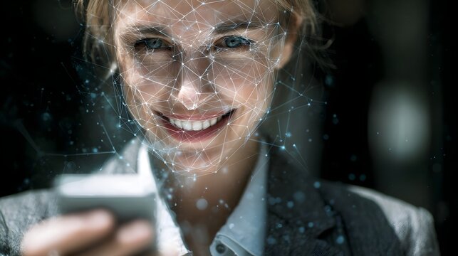 Businesswoman smiling while a smartphone scans her face with facial recognition interface. Concept: Facial recognition technology, biometric security, smartphone authentication, future digital securit