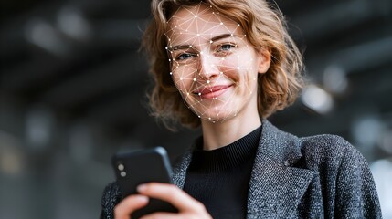 Fototapeta premium Businesswoman smiling while a smartphone scans her face with facial recognition interface. Concept: Facial recognition technology, biometric security, smartphone authentication, future digital securit