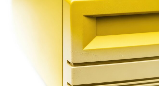 Close up of yellowing plastic computer casing showing the cheap, molded texture of the outdated, drab, boring, and institutional color palette, beige background, cream, vintage