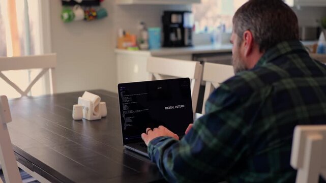 Middle Aged Coder Man Vibe Coding in Artificial Intelligence Infused Integrated Development Environment - Software Engineer Uses AI Based IDE Concept