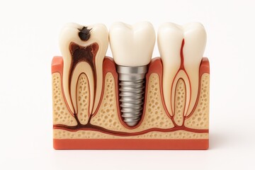 Dental implant model showing decayed tooth replacement isolated on white background for education