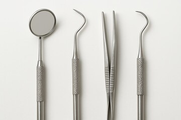 Dental instruments and tools arranged neatly on clean white background for oral hygiene theme