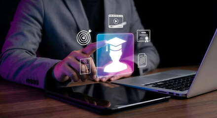Online Education and E-learning Concept with Man Accessing Digital Graduation Cap and Certification Icons via Laptop