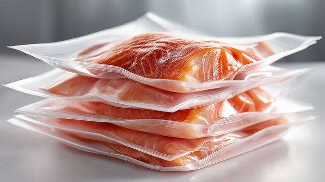 Frozen fish fillets stacked display, vacuum packages retail-ready clean studio, product shot commercial seafood, visualization packaging concept, with copy space
