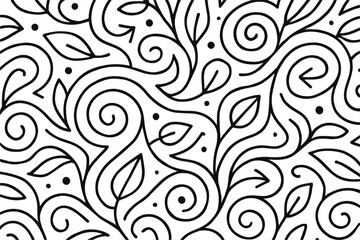 Black and white abstract floral pattern with swirls and leaves
