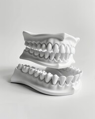A stark, grayscale view of a dental model, showcasing upper and lower jaw with teeth