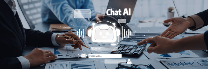 A modern business team collaborates in an office, exploring innovative artificial intelligence concepts with a Chat AI interface, showcasing technology impact on communication. Trope