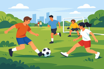 Obraz premium Young diverse adults playing soccer in park with city skyline in background