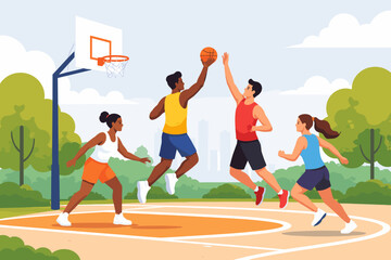 Fototapeta premium Diverse young adults playing energetic basketball game outdoors