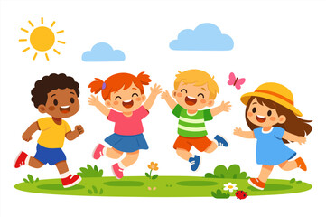Fototapeta premium Children playing outdoors on sunny day with nature and laughter