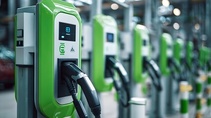 Electric vehicle charging at a green EV charging station, clean energy concept. Concept: Electric mobility, green energy, sustainable transportation, eco-friendly technology.