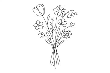 Simple flower bouquet line art featuring tulips, daisies, and bells
