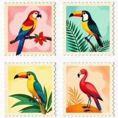 Obraz premium Tropical Birds Vintage Stamp Set: Parrots, Flamingos Illustration