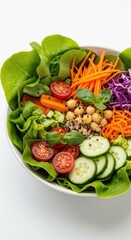 Close up shot of a vibrant, freshly prepared salad bowl filled with crisp lettuce, colorful chopped vegetables, and healthy ingredients, lunch, healthy eating, Salad