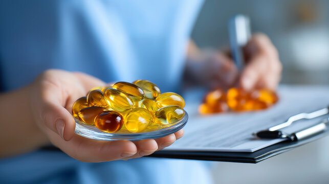 Nutritionist comparing fish oil supplements, clipboard human health concept wellness evaluation, visualization supplement assessment display, with copy space