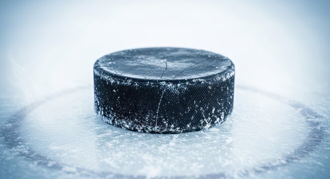 Close up view of a hard rubber puck centered on a frozen rink surface, showing texture, scrapes, and cold temperature, solid, equipment, extreme