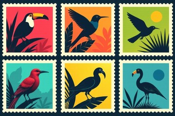 Obraz premium Tropical Birds Vintage Stamp Set: Parrots, Flamingos Illustration