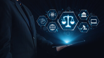 Futuristic digital law interface displaying justice scale, highlighting digital law, AI compliance,...