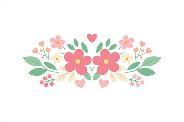 Floral arrangement of pink flowers and green leaves with hearts