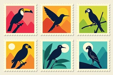 Obraz premium Tropical Birds Vintage Stamp Set: Parrots, Flamingos Illustration