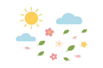 Bright sun and clouds with colorful flowers and leaves on white background