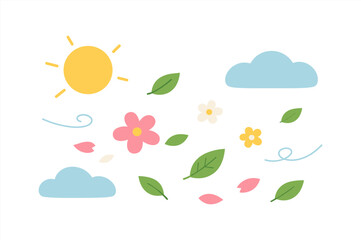 Colorful nature elements with sun, clouds, flowers, and leaves on white background